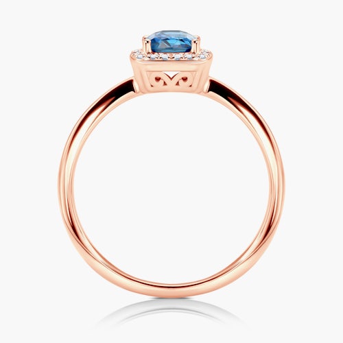 Pierścionek zaręczynowy SAVICKI: różowe złoto, niebieski szafir, diamenty